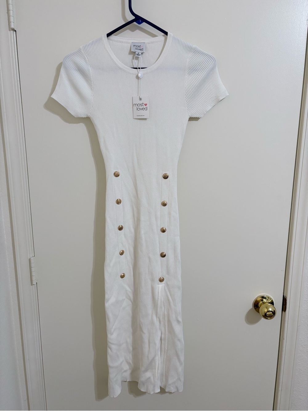 Most Loved White Ribbed Button-Front Midi Dress
